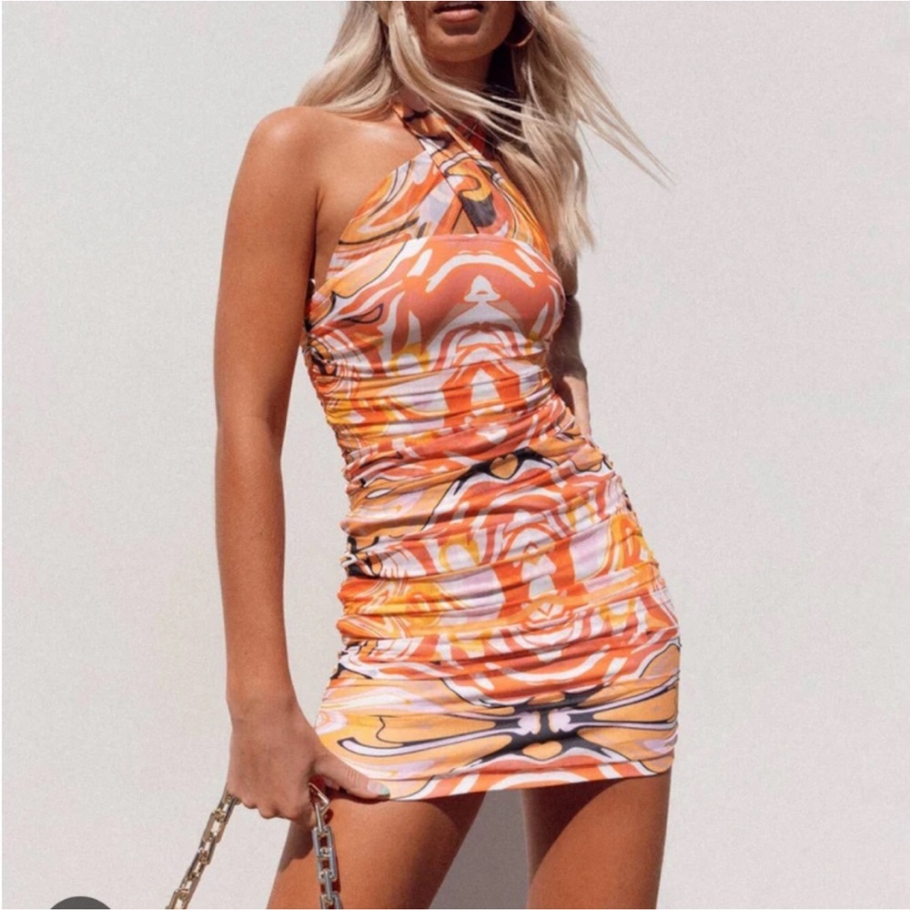 Abstract Orange Halter Mini Dress